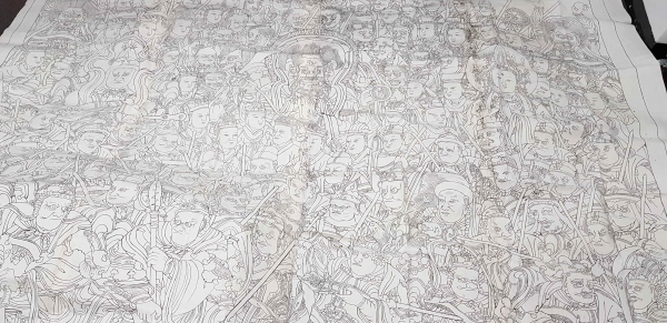 출품자료 가운데 '104위 신중도神衆圖' 불화 초본. 아수라를 중심으로 생동감 있는 표정의 수많은 神들이 여백 없이 꽉 차있는 모습은 장관이다. 대형. 이어붙임. 174x250cm