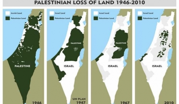 #팔레스타인이 잃어버린 영토(1946~2010)시대별 팔레스타인과 이스라엘의 영토 비교짙은 녹색이 팔레스타인의 영도이고, 하얀 부분이 이스라엘의 영토이다.  1946년에는 현재 이스라엘의 영토 대부분이 팔레스타인의 영도였다. 1947년 UN PLAN에 의한 영토 분할 보다 더 많은 팔레스타인의 영토를 이스라엘이 빼앗았다. 이후 제3차 중동전쟁에서 이스라엘이 승리하면서 팔레스타인은 영토의 대부분을 빼앗겼다.